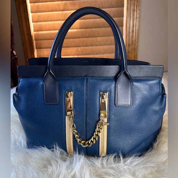Chloe Cate Calfskin Grained Leather Medium Satchel Bag, Blue - Picture 3 of 15